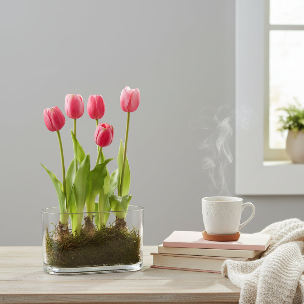 Allstate Floral 13" Tulip Flower & Bulb Arrangement with Glass Vase - Pink
