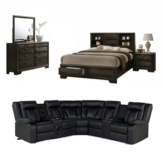 Bundle: Brooke Queen (6-Piece) Bedroom Set - Brown + Kelley Sectional Sofa with LED by Best Home - Black