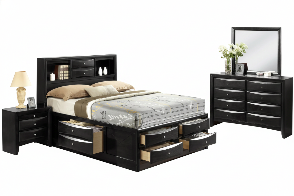 Bundle: Emila Queen Bedroom Set + Kelley Sectional Sofa with LED by Best Home - Black
