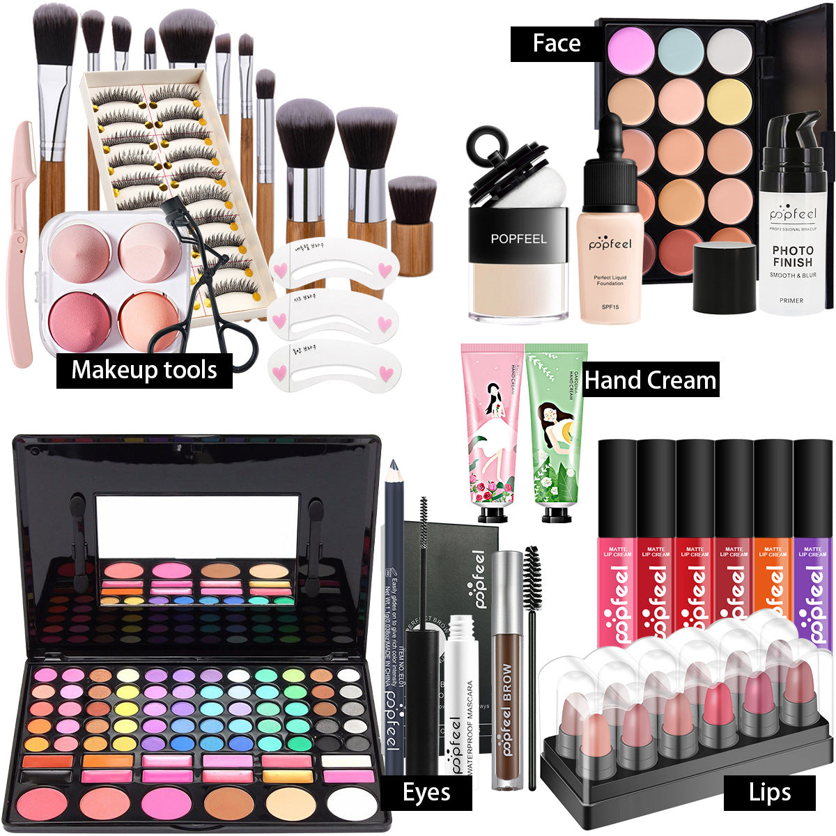 Popfeel All in One Makeup Kit Gift Set with Eyeshadow Palette Foundation Lip Gloss Blush Brushes and Eyeliner Essential Beauty Collection