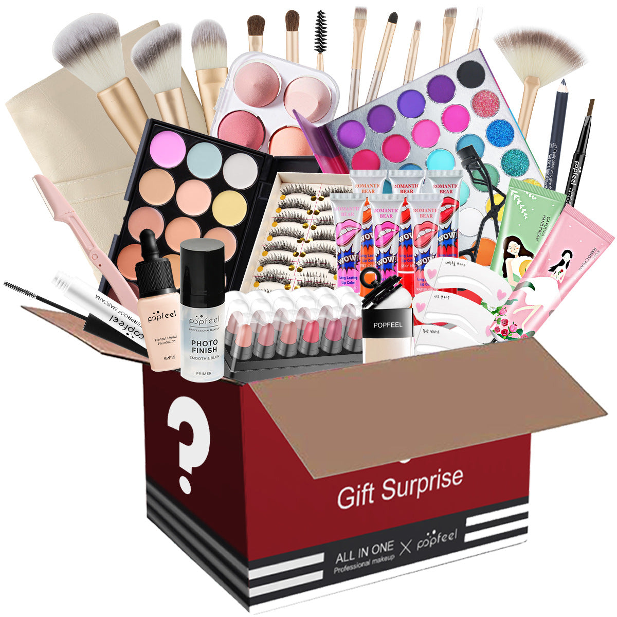Popfeel All in One Makeup Kit Gift Set with Eyeshadow Palette Foundation Lip Gloss Blush Brushes and Eyeliner Essential Beauty Collection