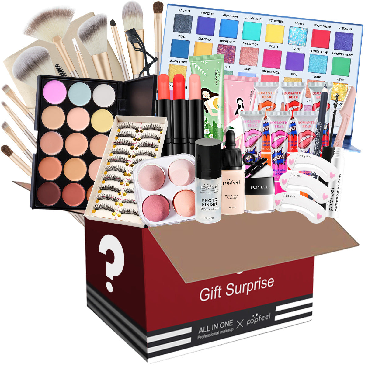 Popfeel All in One Makeup Kit Gift Set with Eyeshadow Palette Foundation Lip Gloss Blush Brushes and Eyeliner Essential Beauty Collection