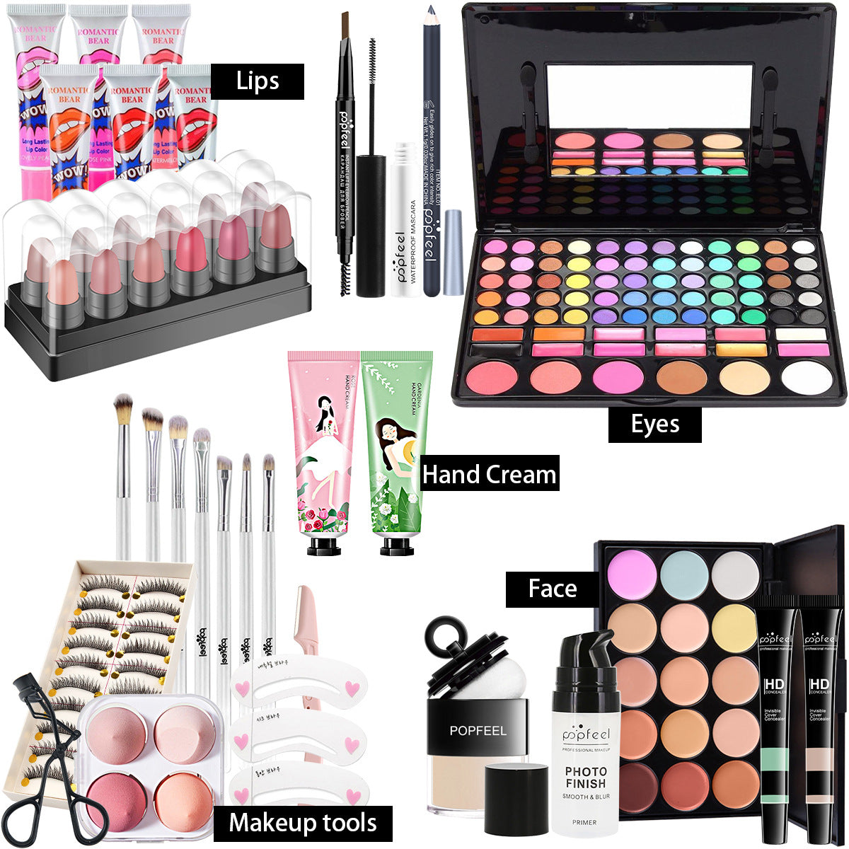 Popfeel All in One Makeup Kit Gift Set with Eyeshadow Palette Foundation Lip Gloss Blush Brushes and Eyeliner Essential Beauty Collection