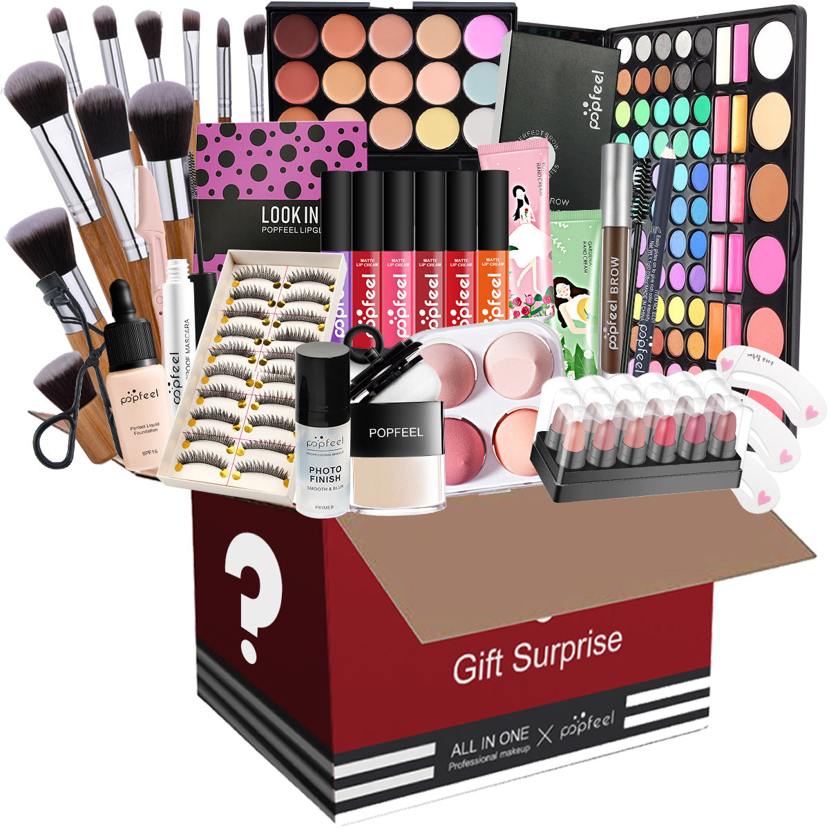 Popfeel All in One Makeup Kit Gift Set with Eyeshadow Palette Foundation Lip Gloss Blush Brushes and Eyeliner Essential Beauty Collection