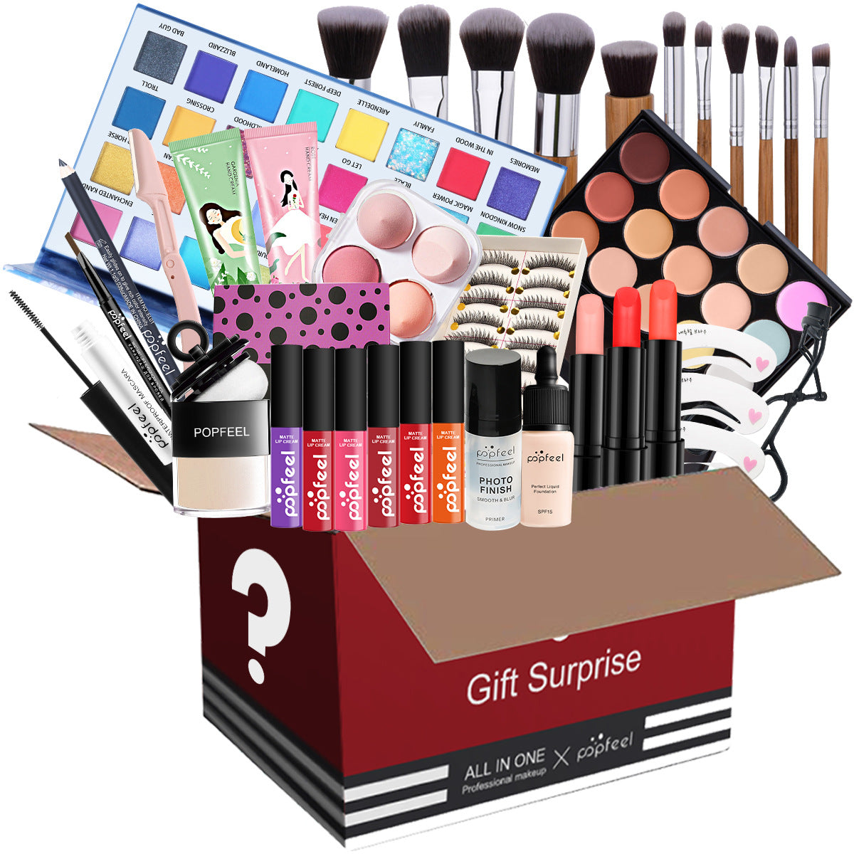 Popfeel All in One Makeup Kit Gift Set with Eyeshadow Palette Foundation Lip Gloss Blush Brushes and Eyeliner Essential Beauty Collection