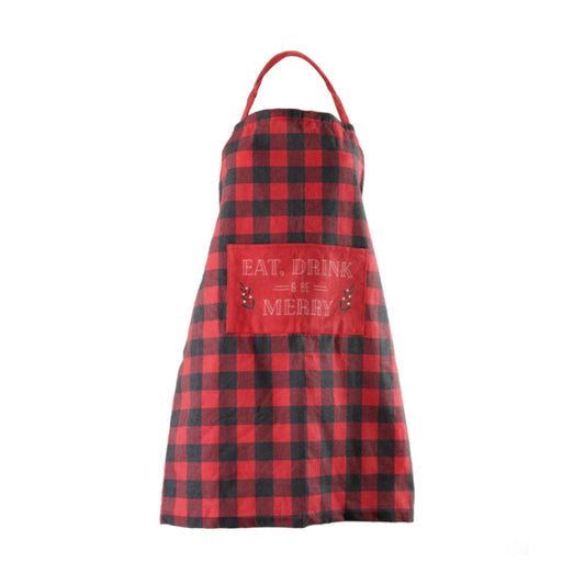 Delantal navideño con texto en inglés "Eat Drink and Be Merry" de Krumbs Kitchen, color negro y rojo