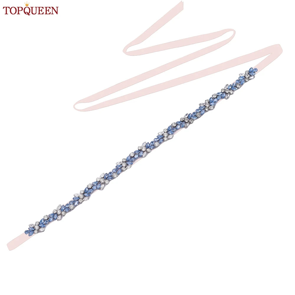 TOPQUEEN Long Thin Light Blue Rhinestone Belt Handmade Bridal Accessories Women's Versatile Dress Wedding Belt Tie Ribbon S437