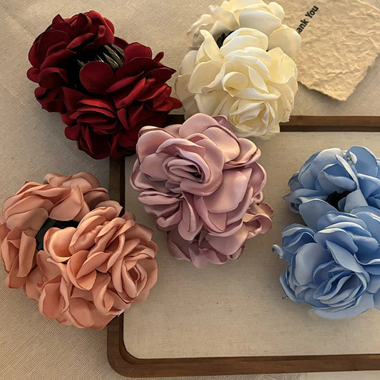 Fashion Satin Rose Flower Large Hair Claw Clip for Women 2024 Spring Summer Trendy Design Korean Colored Hairpin Headdress