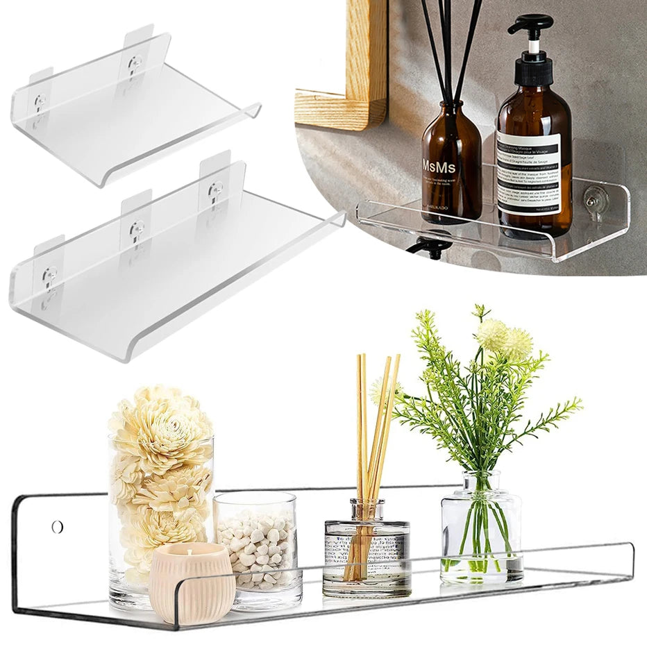 Clear Acrylic Floating Shelf Self Adhesive Storage Shelf for Wall Decoration Toys and Bathroom Essentials