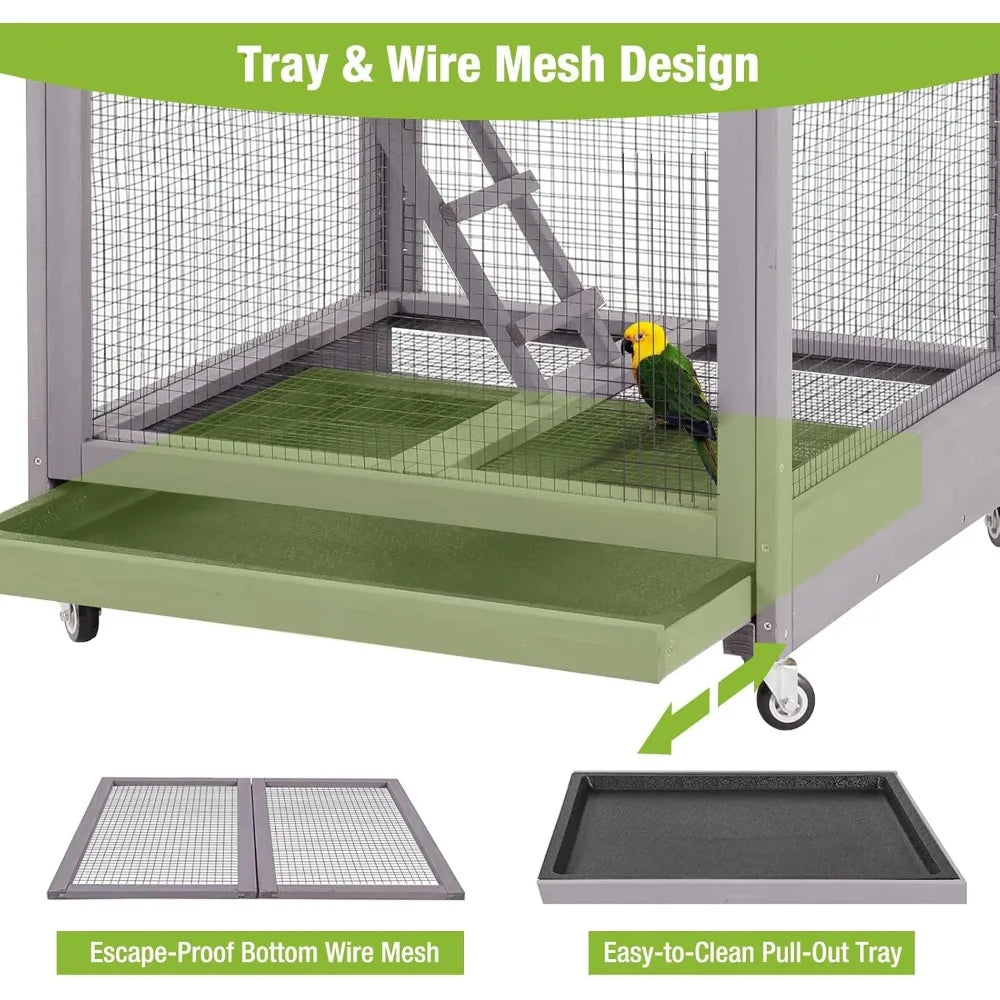 Bird Cage Outdoor Wooden Aviary Indoor, 70" H Large Parrot Cage with 4 Casters, Flight Bird Cages for Parrot Lovebirds Finches(