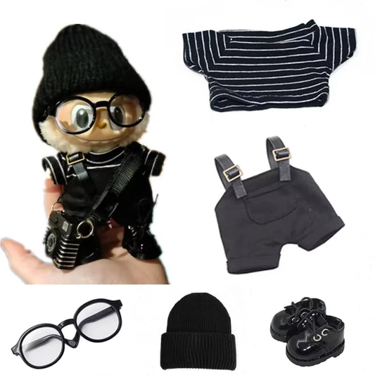 17cm Mini Doll's Clothes Outfit Accessories For Labubu V1 V2 Striped Overalls Hats Glasses Shoes Gift Set