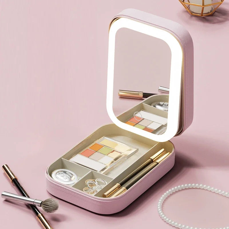 LED Mirror Makeup Storage Box Portable Travel Case with Large Capacity and Three-Level Lighting