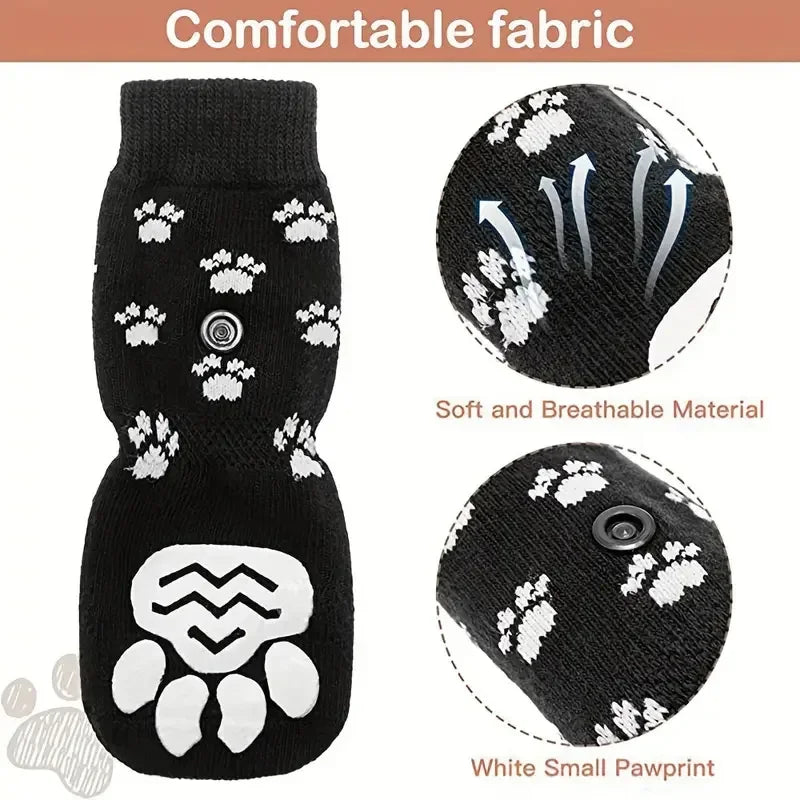 4Pcs/set Anti-Slip Dog Socks 4pcs Paw Protector Traction Control Adjustable Indoor Wear Knitted with Rubber Reinforcement