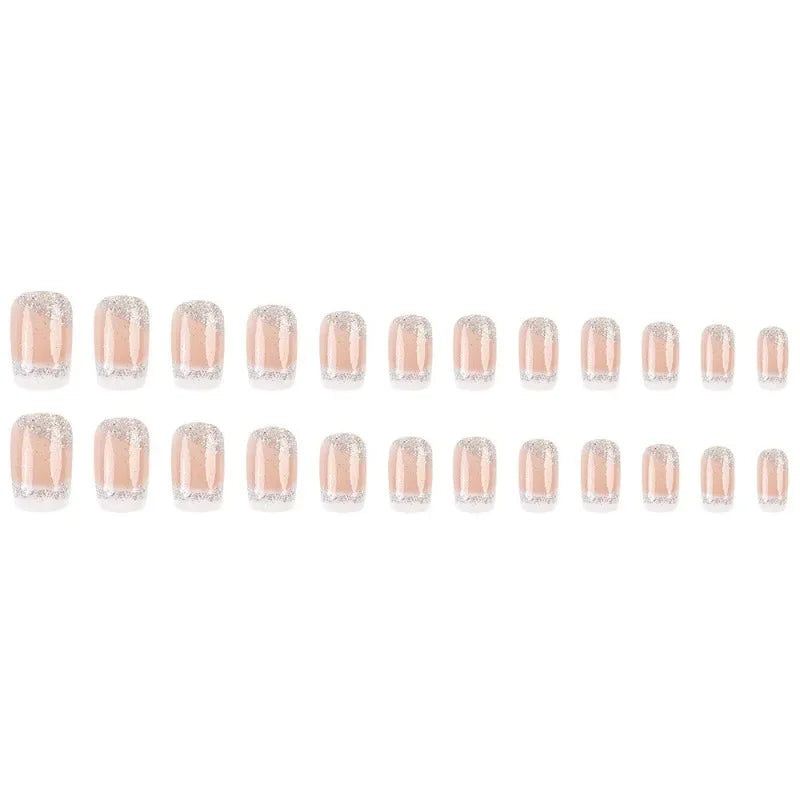 24 Pcs Fake Nails with Design False Nails Finger Wear Nail White French Glitter Square Medium Short Press on Nails for Gluing