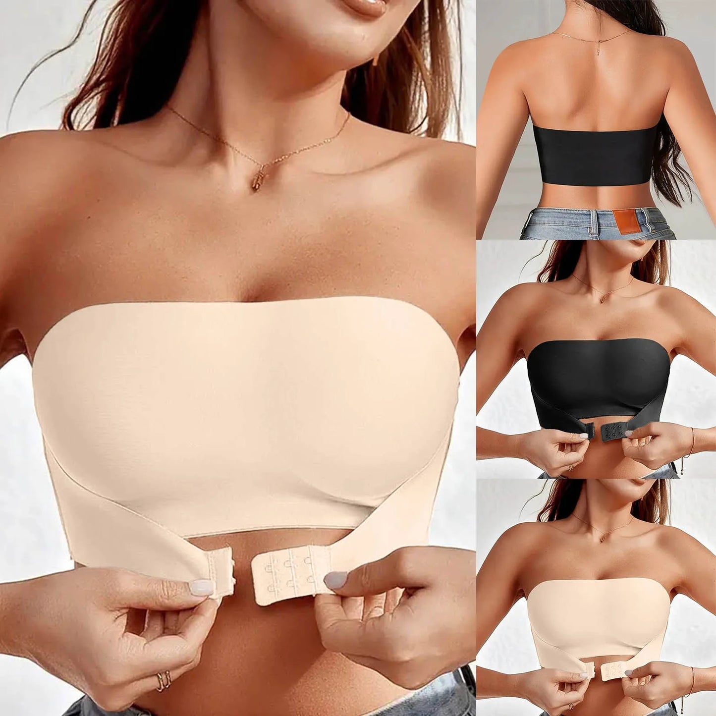 2024 Women'S Strapless Bandeau Bra Fashionable Front Button Gather Underwear Sleep Solid Color Plus Size Uncensored Lingerie