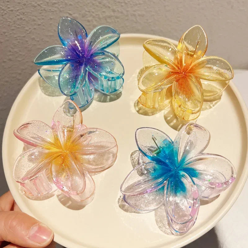 New Fashion Sparkling Flower Claw Clip for Women Transparent Sweet Ponytail Shark Clip Versatile Girl Hair Accessories