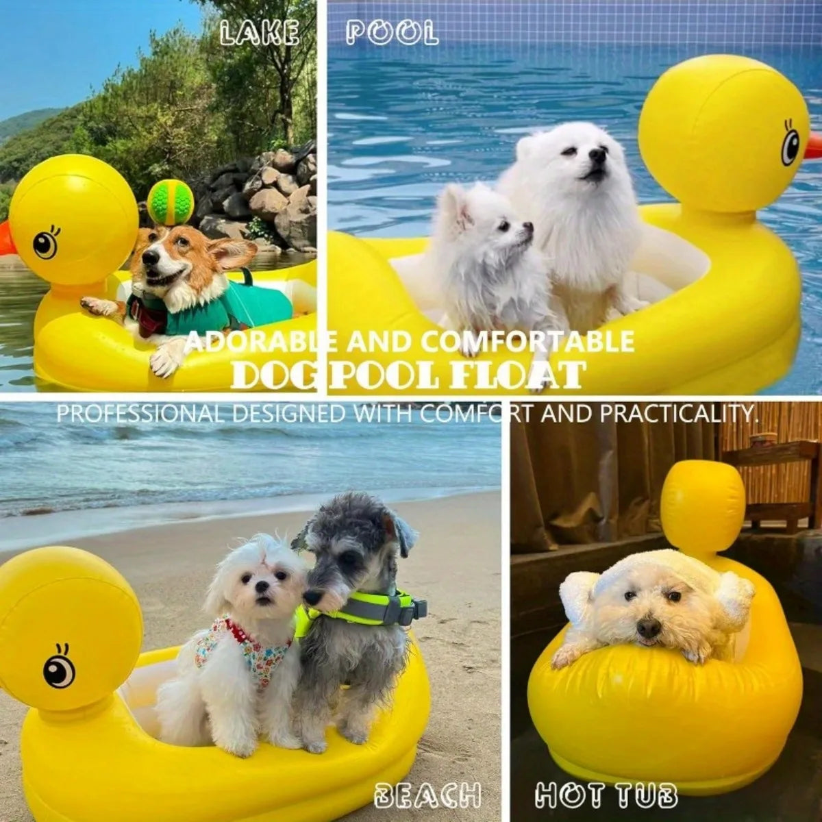 2in1 Dogs Pool Float Inflatable Foldable Pvc Dog Swimming Pool Yellow Duck Float for 22 Lb Pets Summer Pool Interactive Pet Toys
