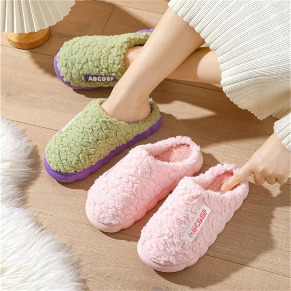 Women Winter Warm Home Slippers Thicken Indoor Boy Girl Floor Slides Plush High Heels Fur Cotton Shoes Ladies Couples Slipper