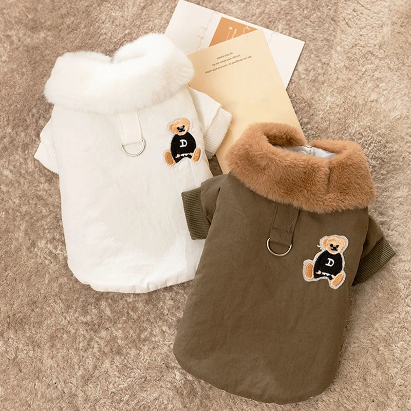 Winter Dog Clothes Luxury Bear Print Fur Collar Windproof Jacket Chihuahua Yorkies Warm Coat Puppy Outfit Clothing Pet Costume