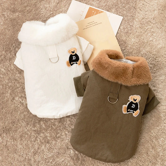 Winter Dog Clothes Luxury Bear Print Fur Collar Windproof Jacket Chihuahua Yorkies Warm Coat Puppy Outfit Clothing Pet Costume