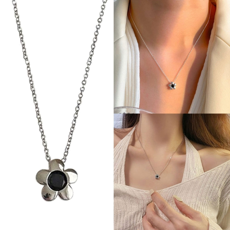 Stylish Black Floral Necklace Adjsuatble Flower Charm Pendant Neck Chain Trendy Clavicular Chain Fashion Neck Jewelry