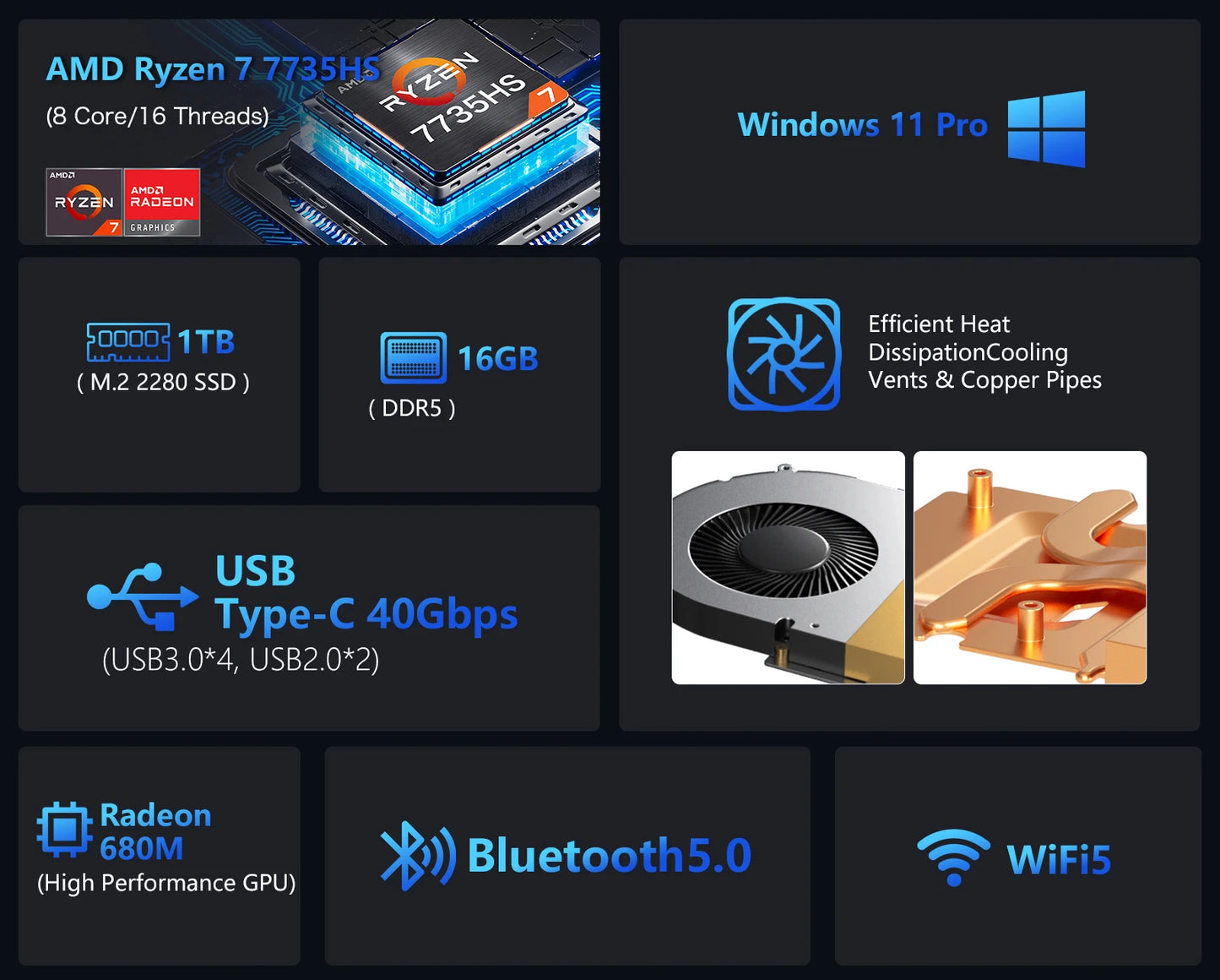 Computadora de escritorio para juegos MLLSE K2 Mini PC AMD Ryzen 7 7735HS 8C/16T DDR5 16 GB RAM 1 TB ROM SSD Windows 11 Pro BT5.0 WiFi5