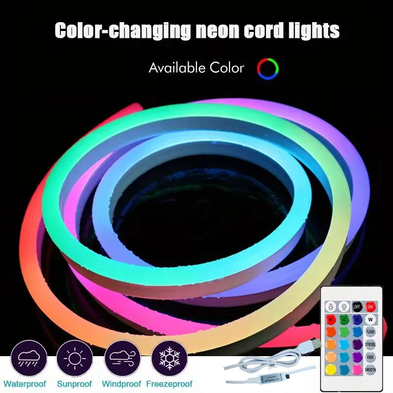 RGB LED Strip Silicone Neon Lights Waterproof Dimmable Remote 5V 108Leds/M Room Decor