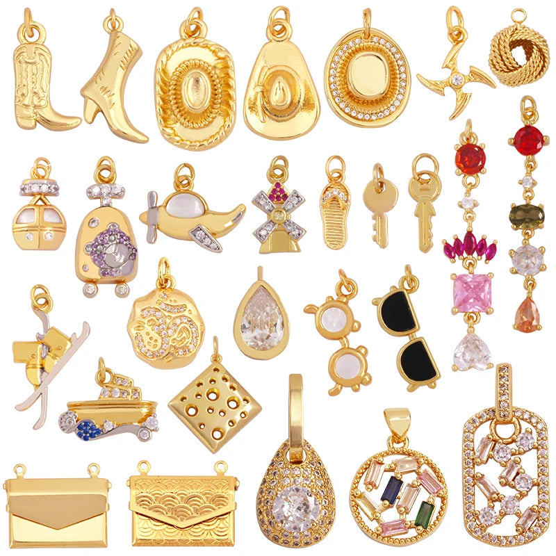 Cowboy Hat Boots Charm Pendant Zirconia 18K Gold Necklace