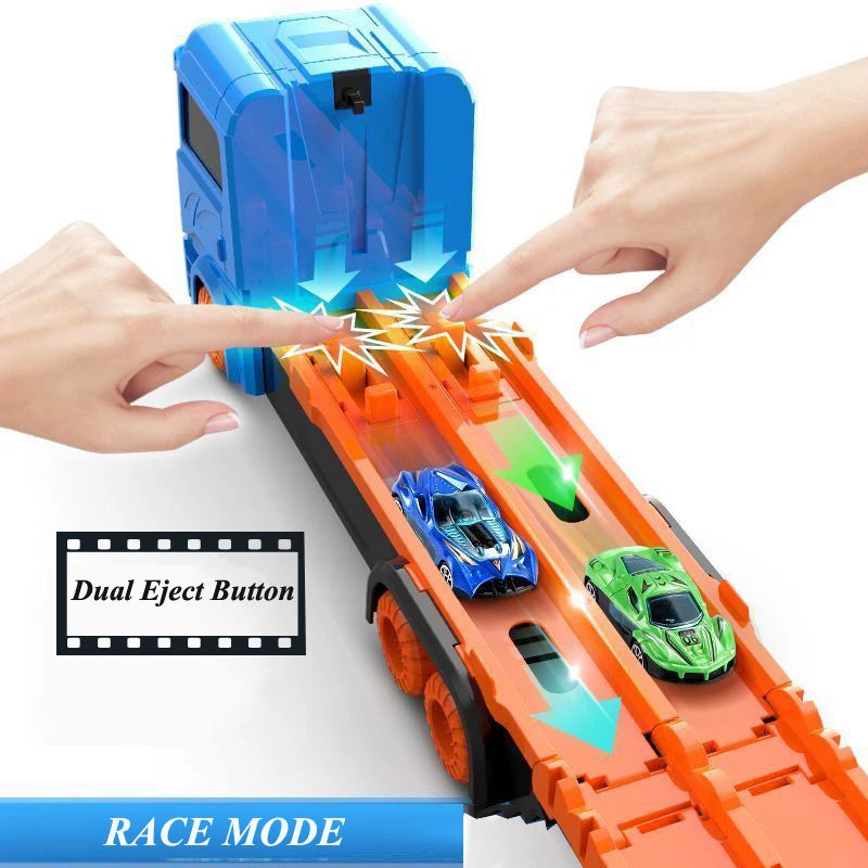 Large Car Transporter Truck with Folding Track and Racing Vehicles for Kids - Competitive Games and Storage Alloy Car Toy - Perfect Gift for Boys