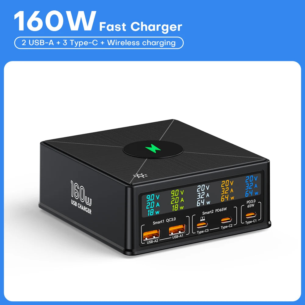 160W 5 Ports USB Charging Station with 15W Wireless Charging and 65W PD QC3.0 Fast Charger for iPhone 15 Pro MacBook and Samsung Laptops