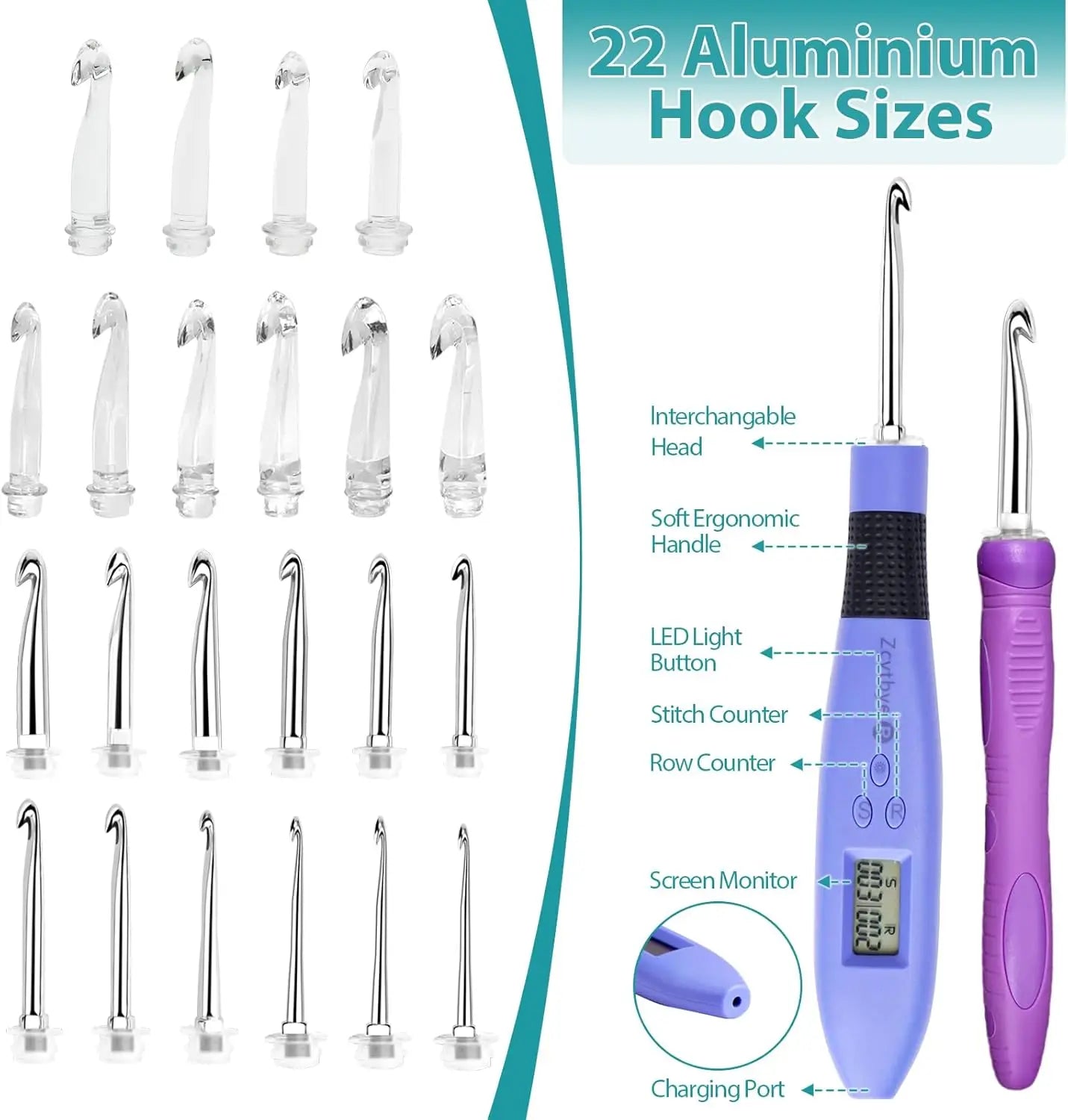 22PCS Lighted Crochet Hook Set with Counter Ergonomic Interchangeable Metal Heads for Comfortable Crocheting