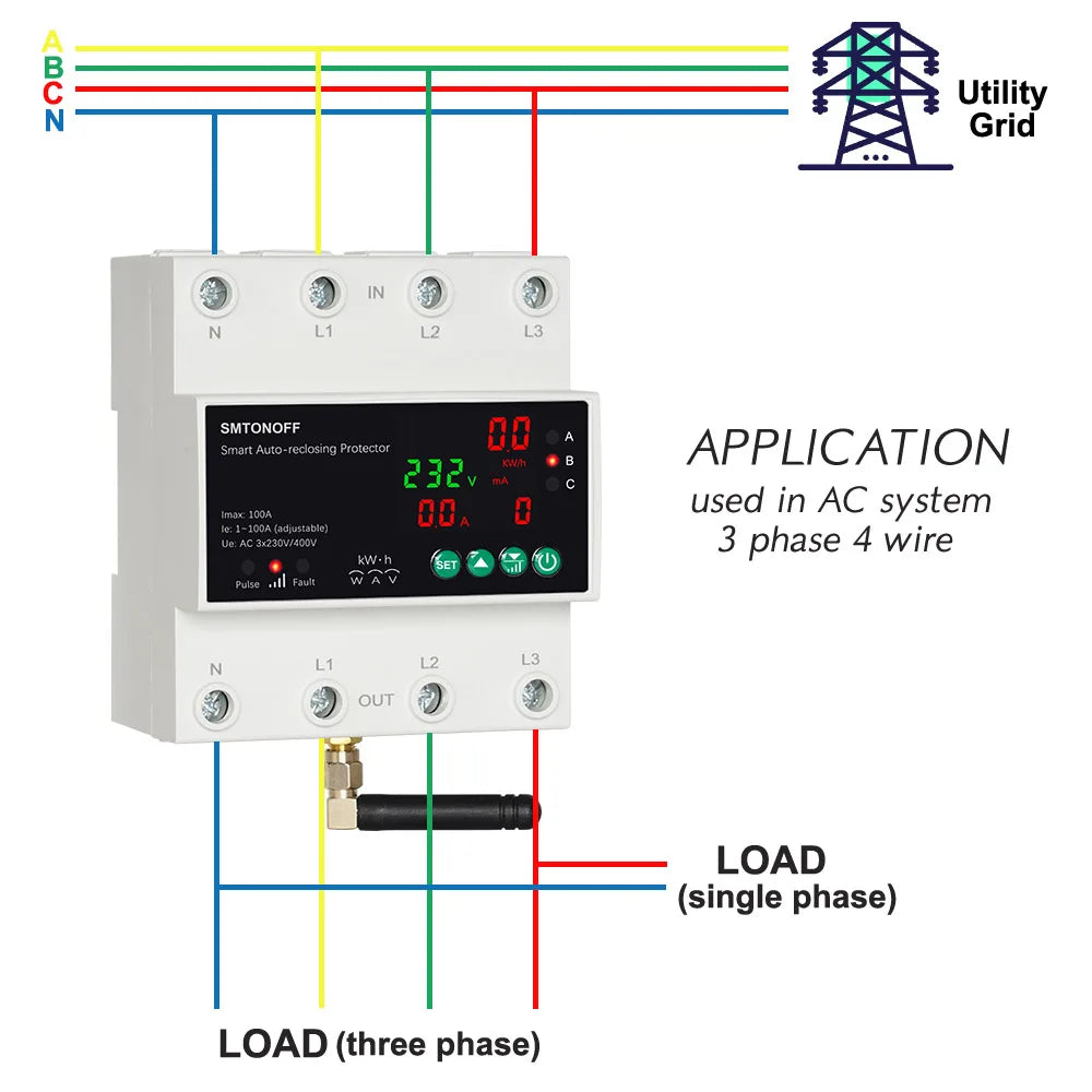 Tuya WiFi Three Phase 4P 100A Auto-Reclosing Over Under Voltage Protector Prepaid Meter Timer Switch Voice Remote Control