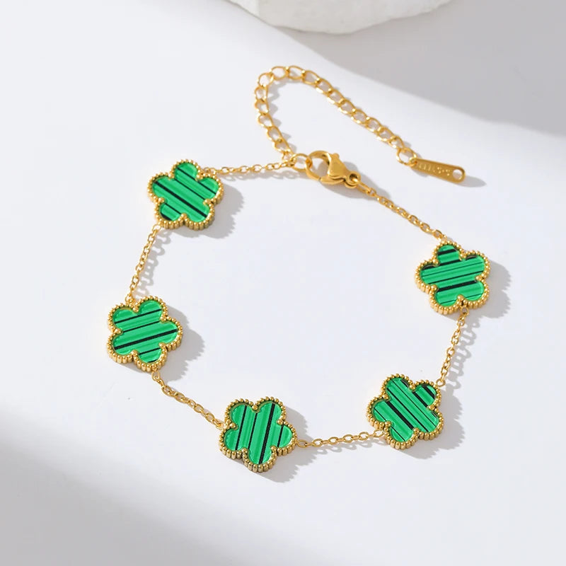 GANEMLY 316L Stainless Steel Green Clover Set Earrings Necklace Bracelet Holiday Gifts Women Double Sided Flower Fashion Jewelry