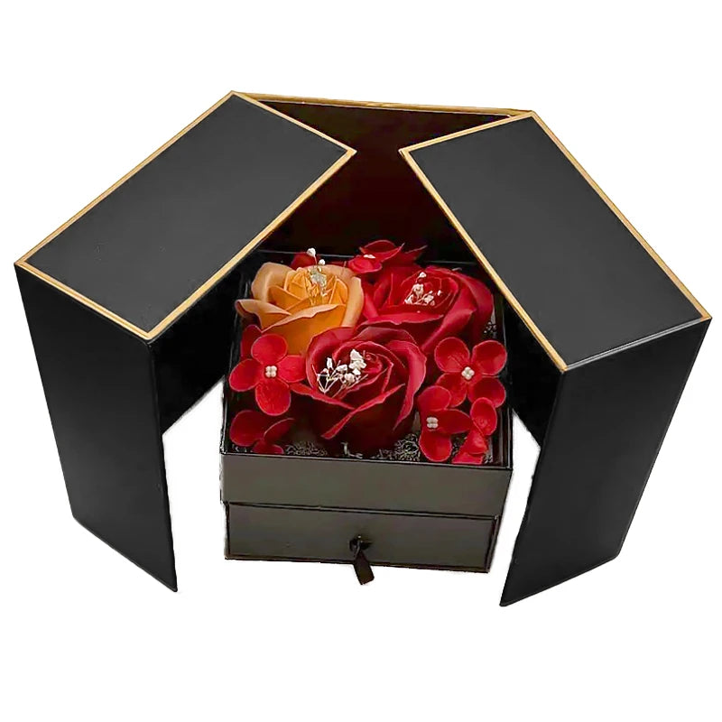 Rose Jewelry Gift Box Bow Packaging Luxury Double Door Drawer Necklace For Girlfriend Mom Simulation Flower Creative Romantic