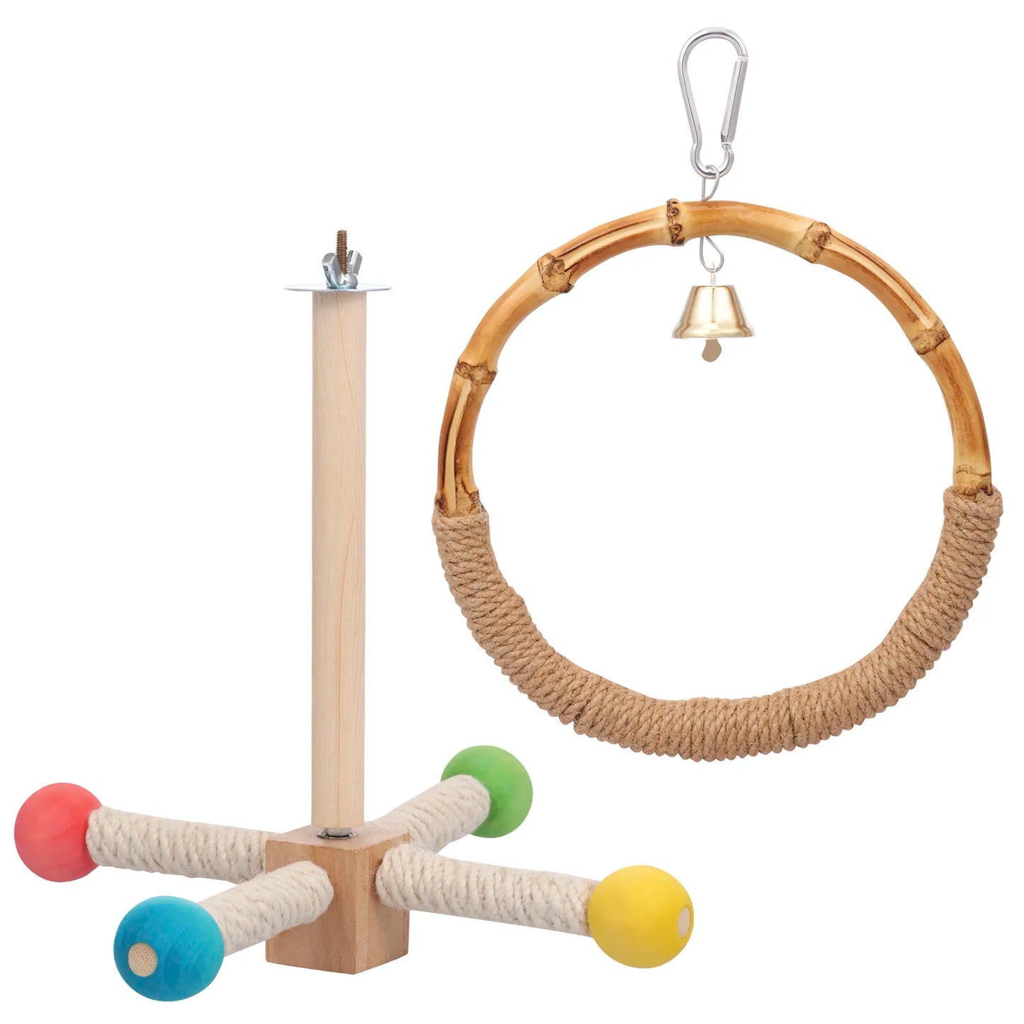 2Pcs Bird Standing Toy Set 360° Rotatable & Bell Wooden Interactive Spinning Parakeet Toys for Bird Cage Accessories NEW