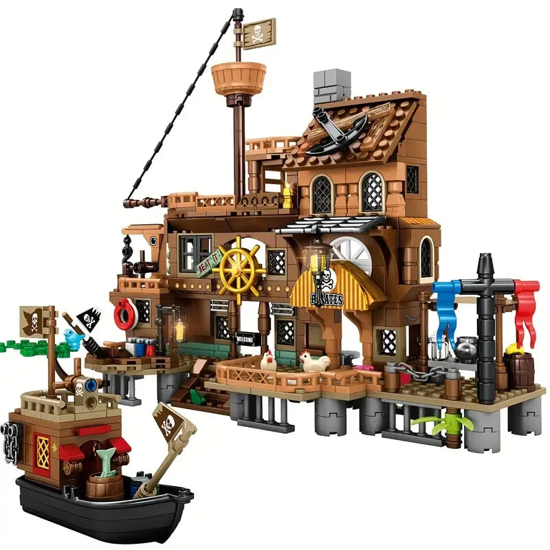 Creative Medieval Pirate Island Fortress Building Blocks Set with Adventure Ship and Log Cabin Model for Kids