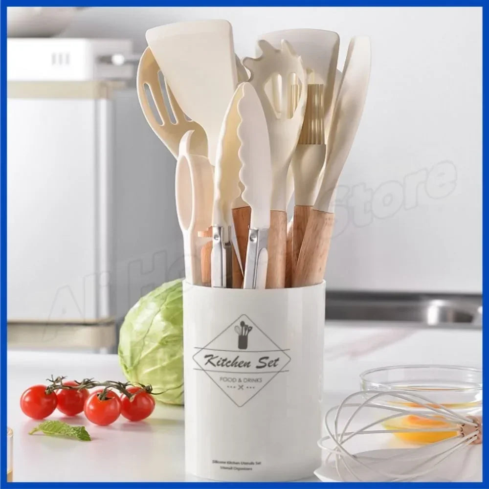 Silicone Kitchen Utensil Set 12 Pieces Food Grade Cooking Tools Turner Spatula Measuring Spoon Eco-Friendly Cookware