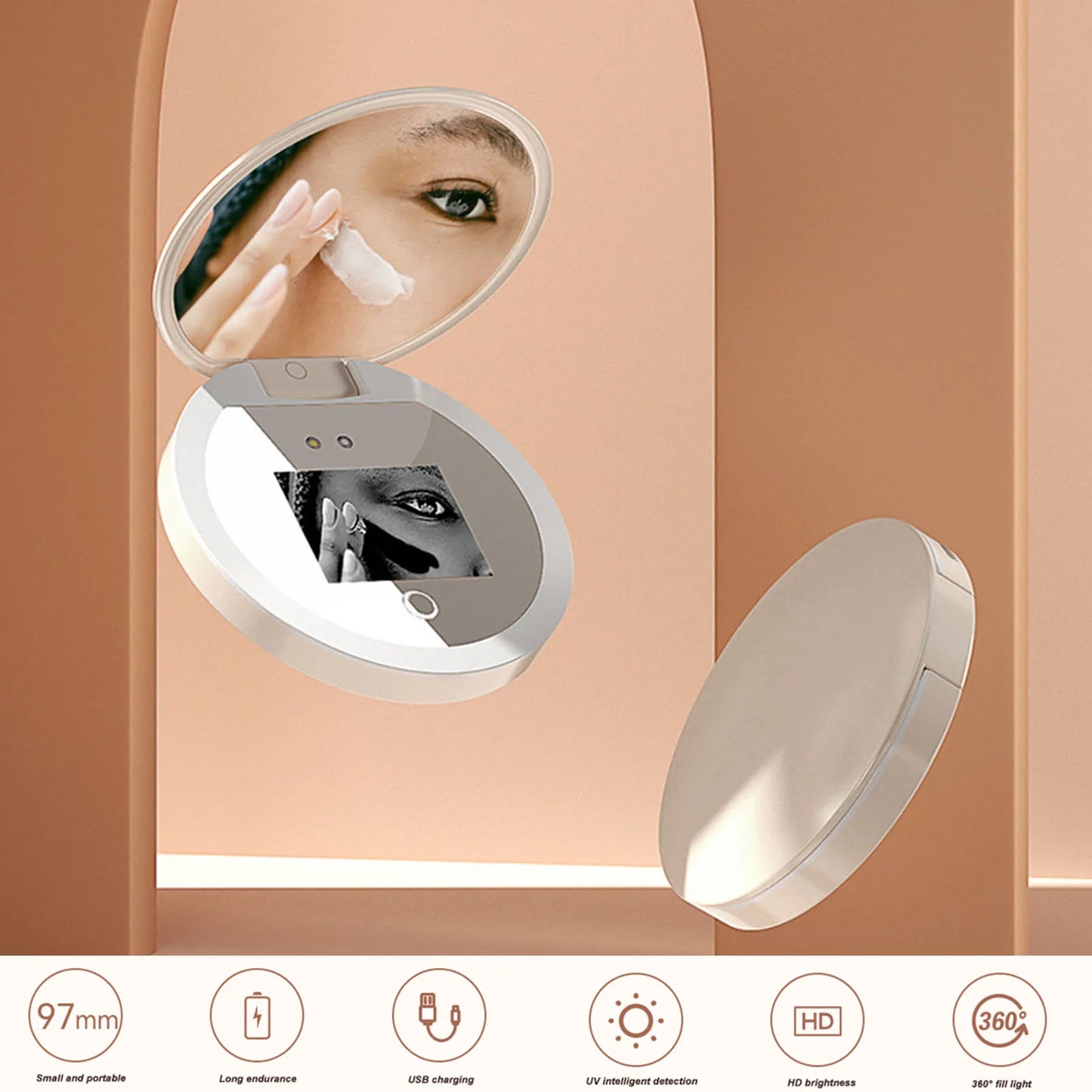 UV Mirror Sunscreen Testing Camera with Light and 2X Magnification Travel Makeup Mirror Pocket Size 3.5 Inch