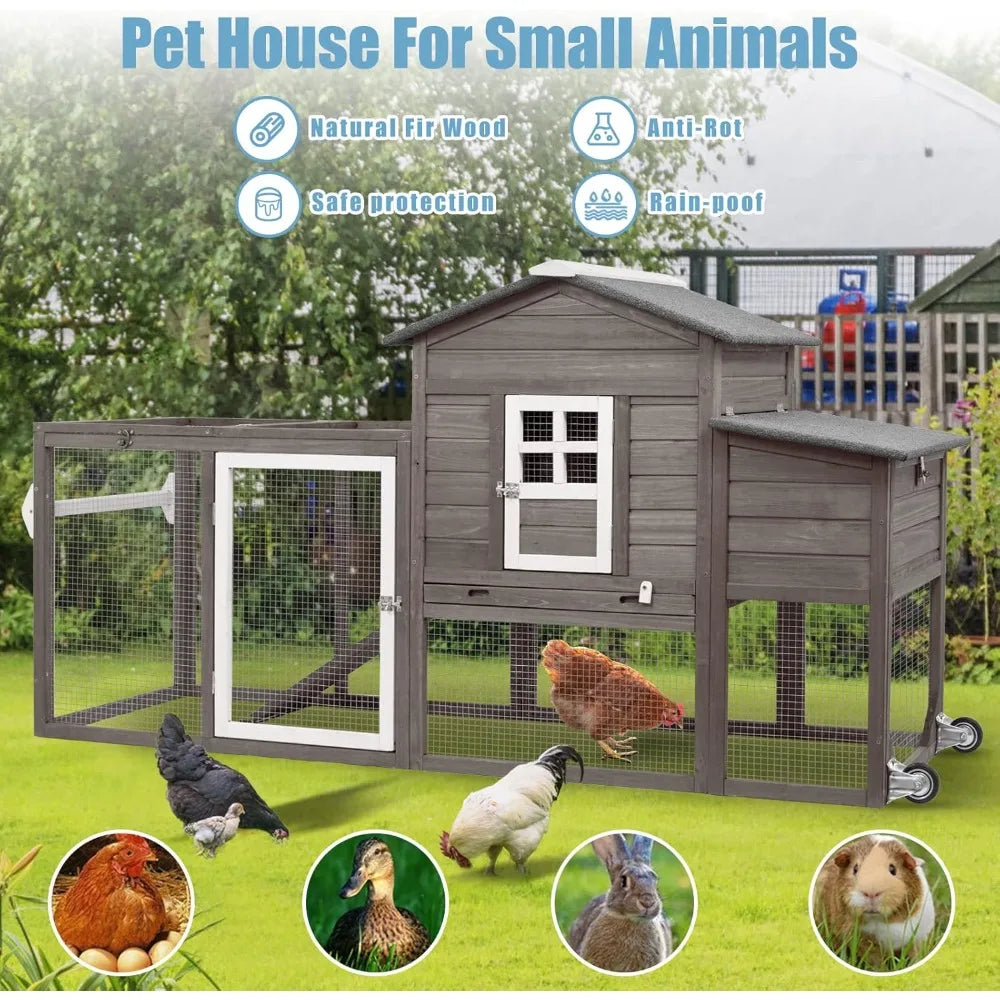 158in Chicken Coop Wooden Indoor Outdoor for 1-6 Chickens Extension Chicken Houses with Removable Tray Nesting Box and Run（Set o