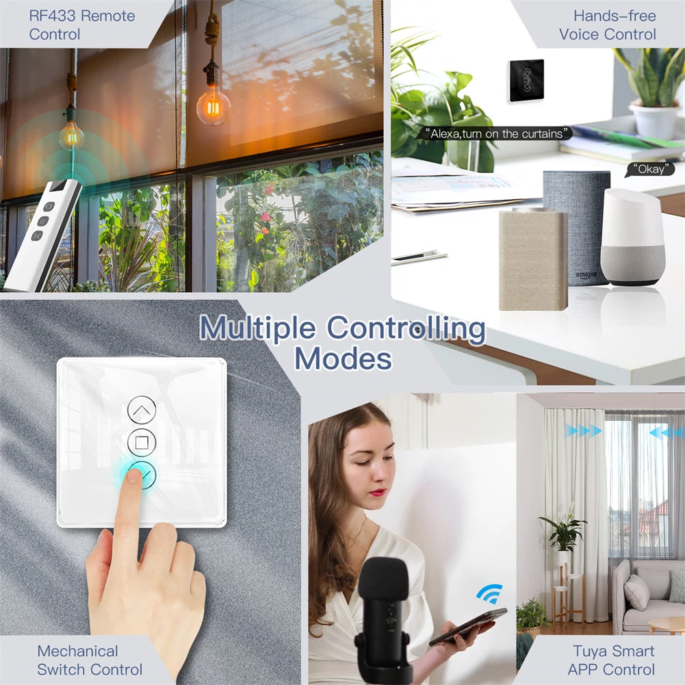 WiFi RF433 Smart 2.5D Arc Glass Touch Curtain Switch for Roller Blinds Shutters Smart Life/Tuya APP Works Alexa Google Home