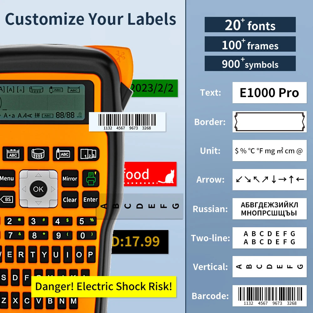 E1000PRO Tube Label Printer for Sticker Labels 12mm Compatible with Brother Ptouch TZe-231 HSe-231 High Resolution Thermal Transfer Technology
