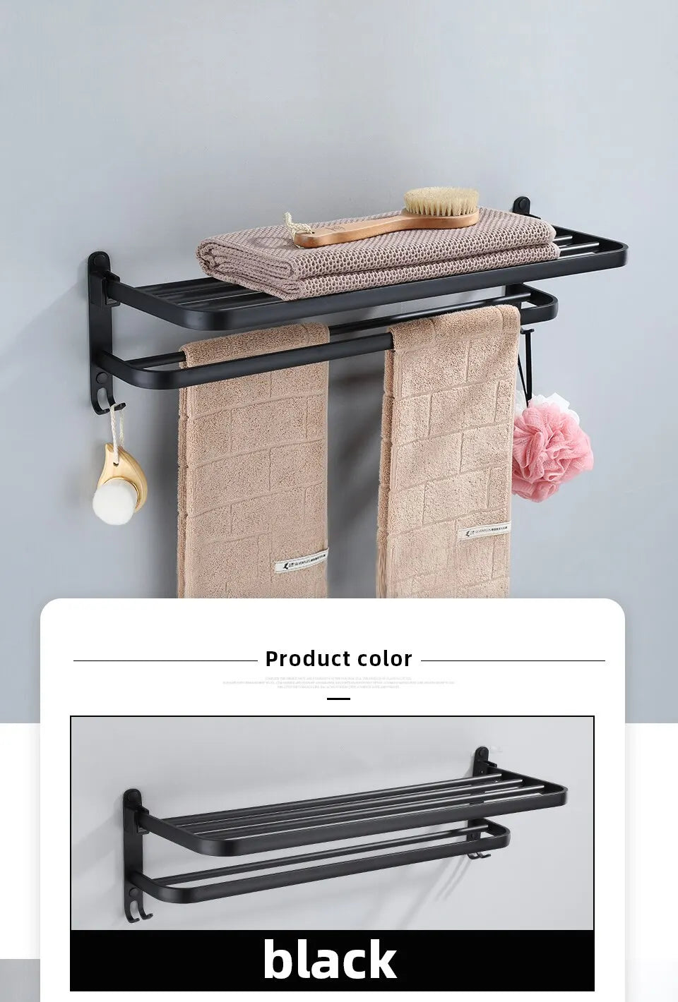 Matte Black 50CM Folding Holder With Hook Towel Holder Wall Mount AluminumTowel Rack