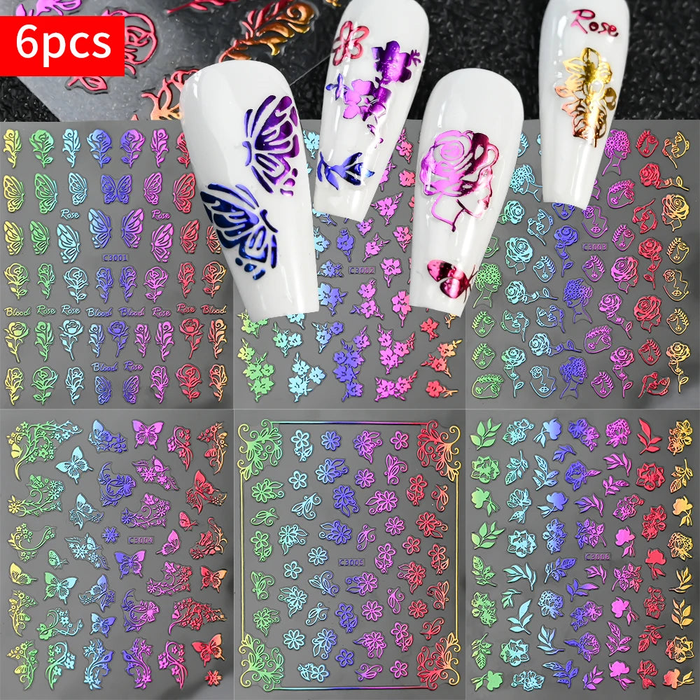 6Pcs/Set Metal Silver Star Heart Moon 3D Nail Art Stickers