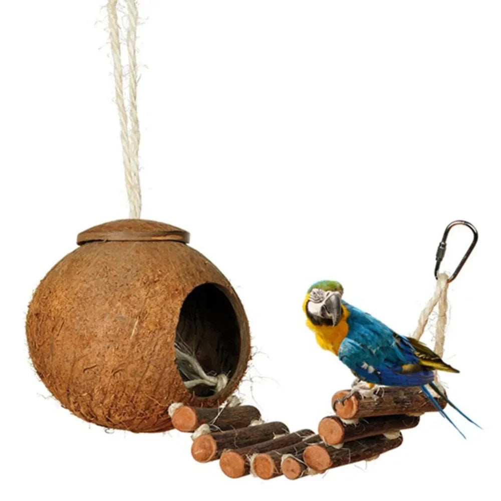 Comfortable Cute Design Natural Coconut Shell Bird Nesting House Small Size Pet Parakeets Finches Sparrows Cage With Ladder