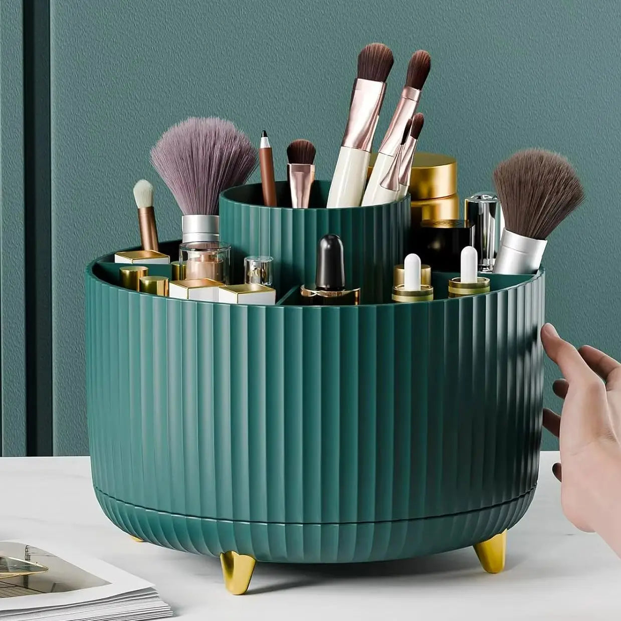 1pc 360°Rotating Makeup Organizer Storage Elegant Stripe Makeup Brushes Holder 5-Compartment Cosmetic Holder for Vanity Bathroom