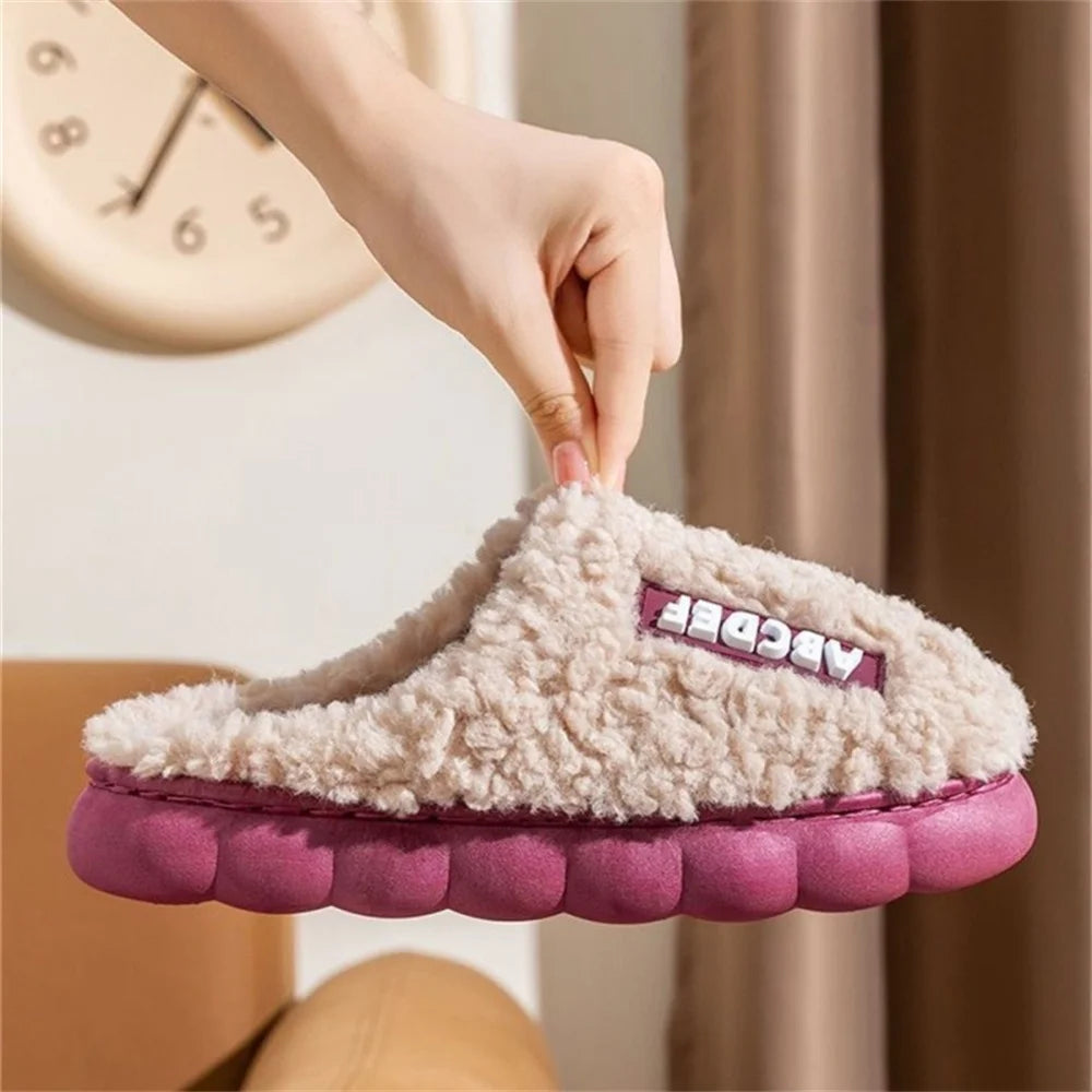 Women Winter Warm Home Slippers Thicken Indoor Boy Girl Floor Slides Plush High Heels Fur Cotton Shoes Ladies Couples Slipper