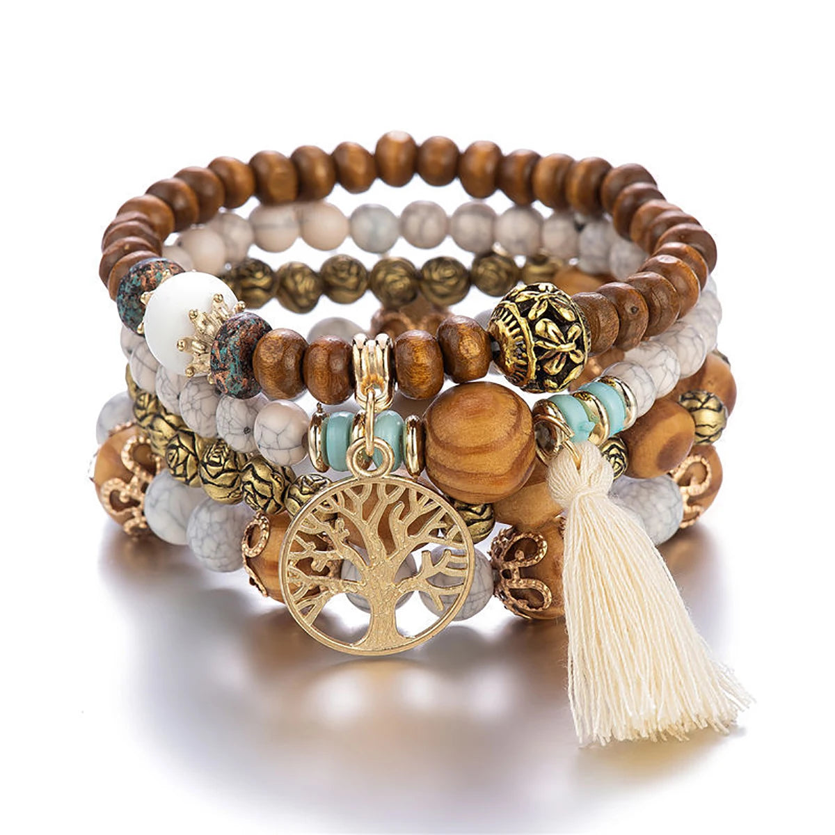 Bohemian Bracelet Creative Ladies Tree of Life Tassel Multi-layer Wooden Beaded Ethnic Style Fashion Women Bracelets Jewelry