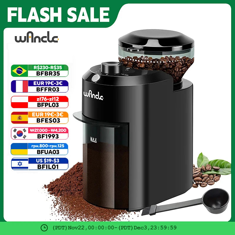 Molinillo de café eléctrico Wancle con rebabas ajustables, molinillo cónico para granos de café con 28 ajustes de molienda precisos, 220 V/120 V