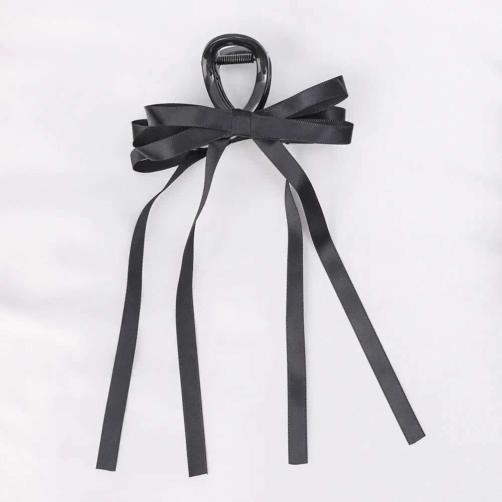 Vintage Long Satin Hairpins Big Velvet Bow Fashion Elegant Women Black Bowknot Hair Claw Hair Clips Korean Hair Accessories