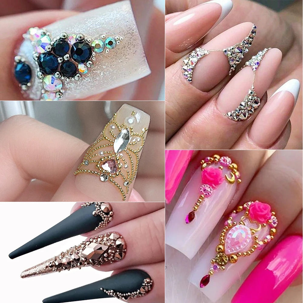 12 Grids Mini Caviar Beads Nail Art Charms 3D Metal Gold Silver Steel Ball (0.4mm-1.5mm) Nail Parts With Magnetic Pen Nail Decor